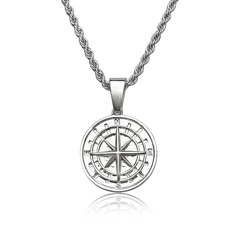 Collier argent boussole