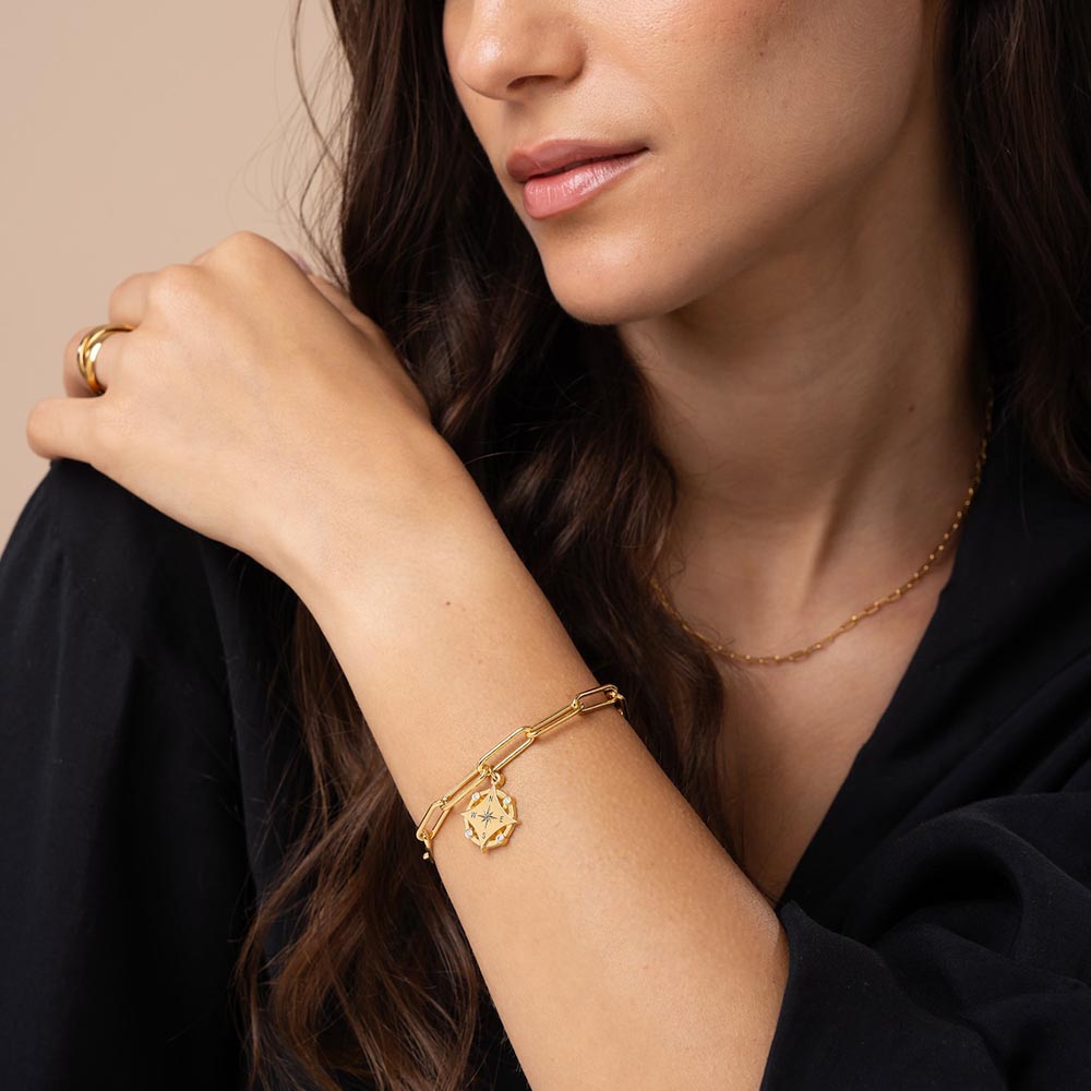 Bracelet gravé boussole et diamants - Forever linked - Or