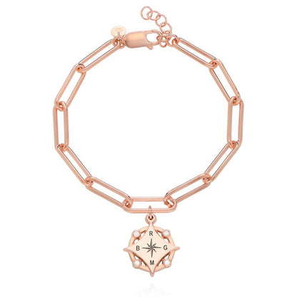 Bracelet gravé boussole et diamants - Forever linked - Or Rose