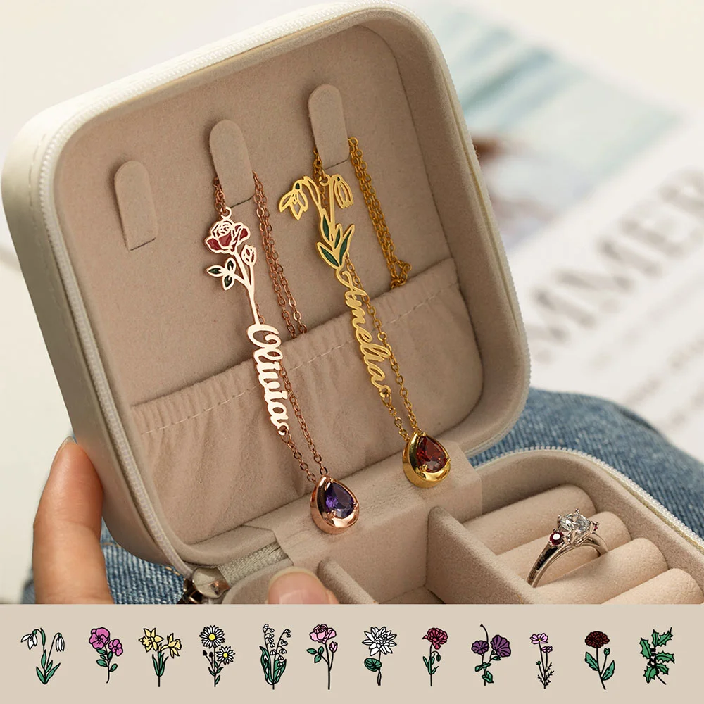 Collier personnalisé pour femmes avec nom en pierre et fleur de naissance Cadeau d'anniversaire - Or