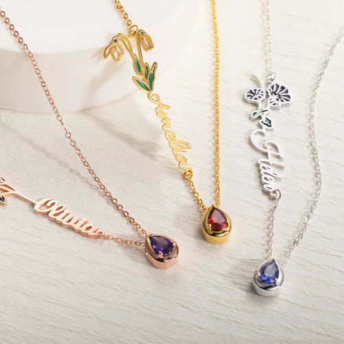 Collier personnalisé pour femmes avec nom en pierre et fleur de naissance Cadeau d'anniversaire - Or Rose