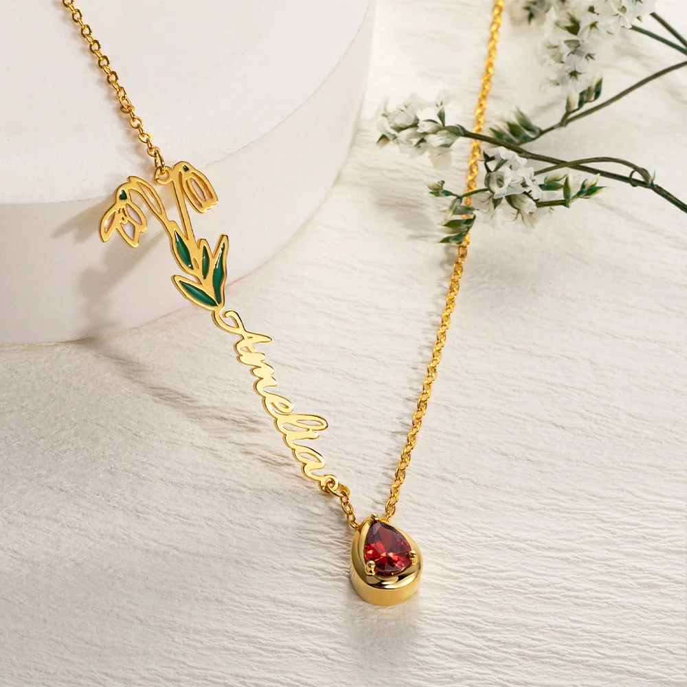 Collier personnalisé pour femmes avec nom en pierre et fleur de naissance Cadeau d'anniversaire - Or Rose