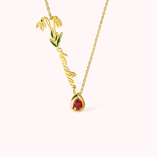 Collier personnalisé pour femmes avec nom en pierre et fleur de naissance Cadeau d'anniversaire - Or