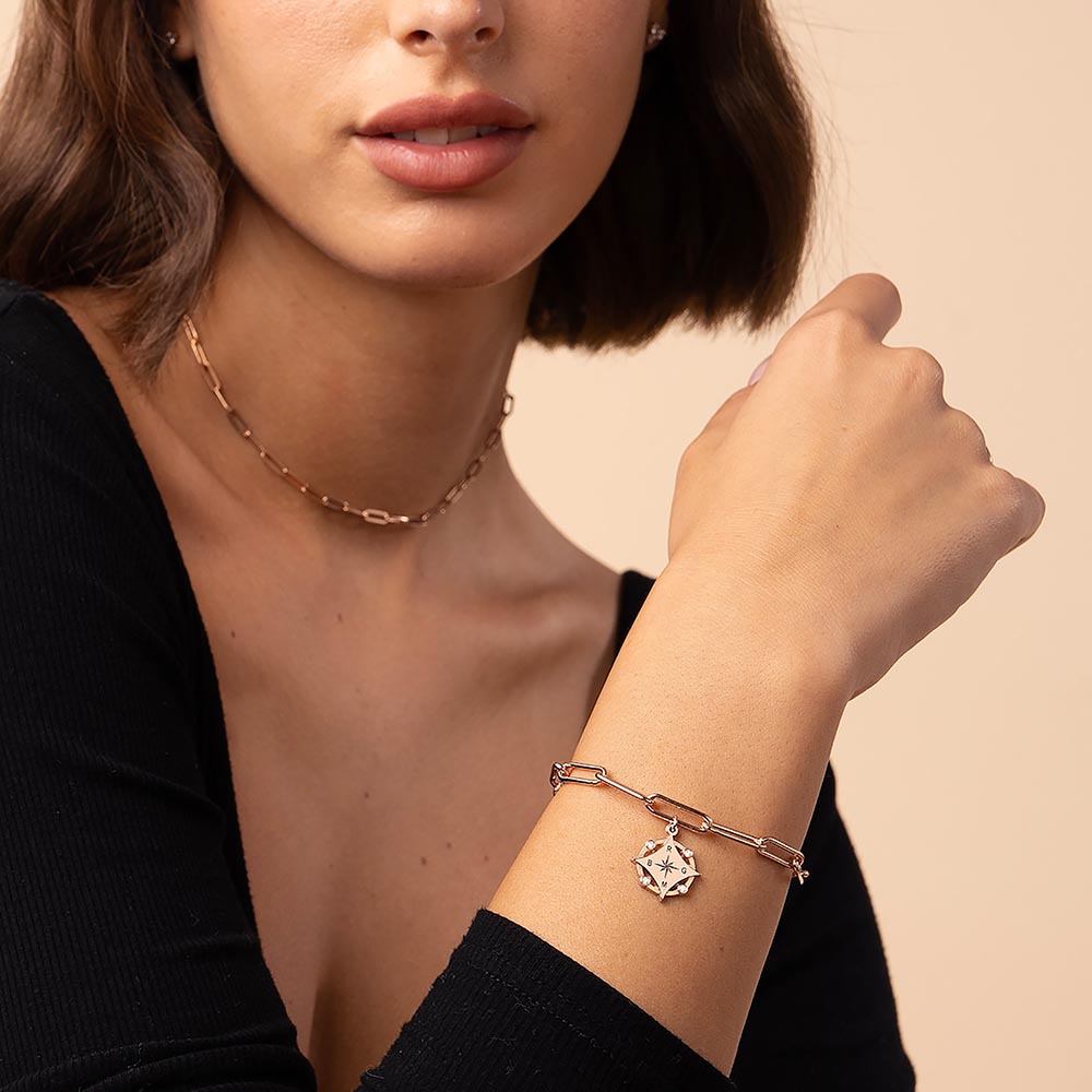 Bracelet gravé boussole et diamants - Forever linked - Or
